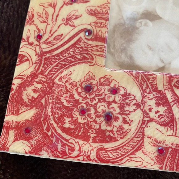 D. L. Rhein Red Toile Print & Crystals on Pale Yellow 6-3/4” Square Frame - Picture 2 of 8